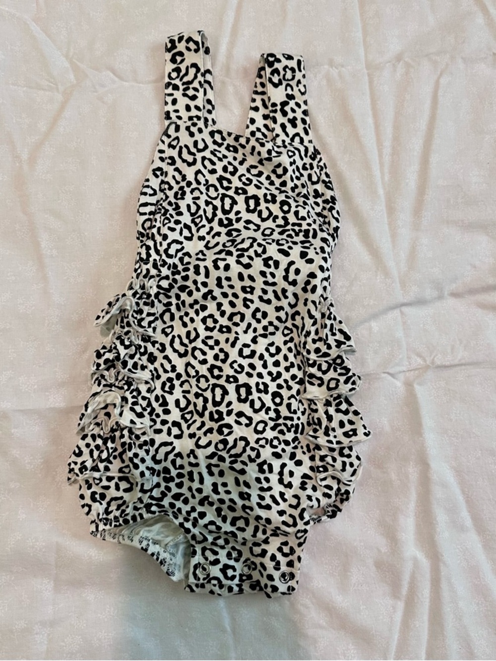 kate quinn White and Black Leopard Print Side-Ruffle Bubble Bodysuit